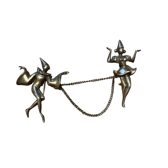 Estate Jewelry - Estate Sterling Silver Dancing Clowns Double Brooch